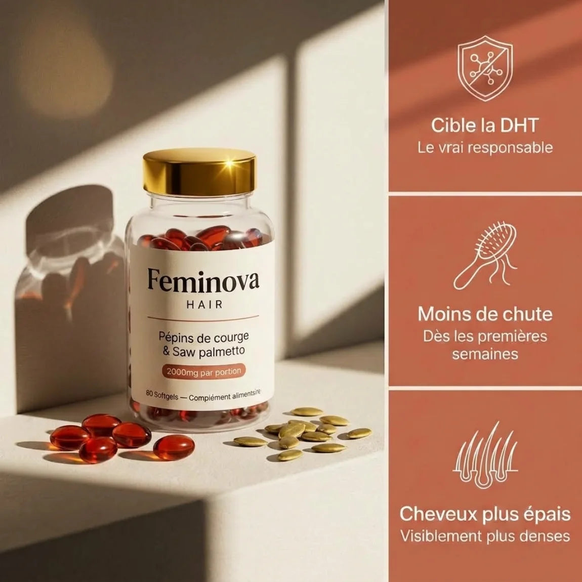 Flacon Feminova, cure de 60 softgels contre la chute de cheveux à la ménopause